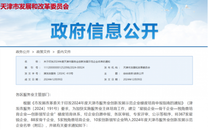 公布！榮程這些公司納入2024年度天津市服務(wù)業(yè)創(chuàng)新發(fā)展示范企業(yè)名單